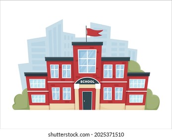 Modern school building in red color with trees, bushes and city silhouette. A city landscape with a house facade. Front view of learning building. Isolated vector illustration in flat cartoon style