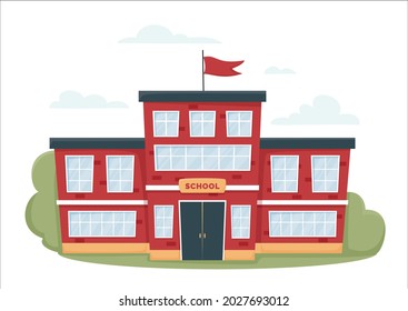 Modern school building in red color with trees and bushes. A city landscape with a house facade. Front view of learning building. Isolated vector illustration in flat cartoon style