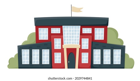 Modern school building in red color. A city landscape with a house facade. Front view of learning building. Isolated vector illustration in flat cartoon style