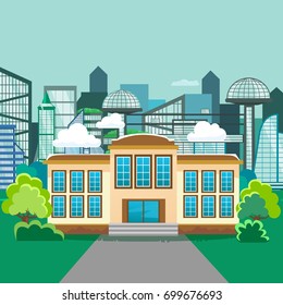 modern school buildings exterior, student city concept, elementary facade urban street background, icon vector illustration