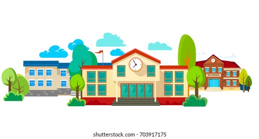 modern school buildings exterior, student city concept, elementary facade urban street background, icon vector illustration