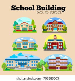 modern school buildings exterior, student city concept, elementary facade urban street background, icons set vector illustration