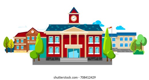 modern school buildings exterior, student city concept, elementary facade urban street background, icon vector illustration