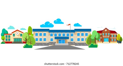 modern school buildings exterior, student city concept, elementary facade urban street background, icon vector illustration