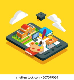 Modern school classroom education concept. Cloud remote learning. University or collage building, desk, books, computer screen and academic cap on a tablet. Flat style isometric vector illustration.