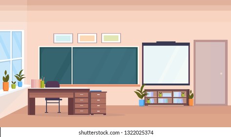 modern school classroom interior chalk board teacher desk empty no people horizontal banner flat