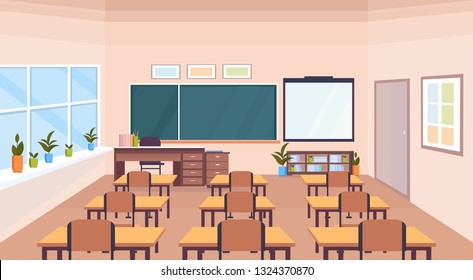 Modern School Classroom Interior Chalk Board Desks Empty No People Horizontal Banner Flat