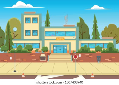 Modern school, college building on city street background. School Building And Empty Front Yard With Green Grass And Trees Landscape. Flat Vector Illustration