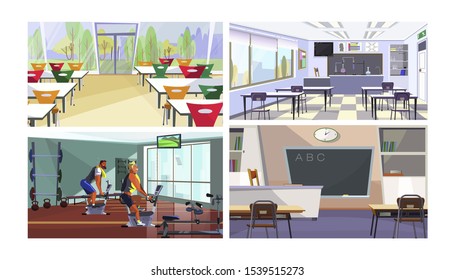 Conjunto de ilustraciones vectoriales de la escuela moderna o de los espacios universitarios. Canten, gimnasio, interior de clase química con mesas, escritorios, pizarra, ventana panorámica. Concepto de educación