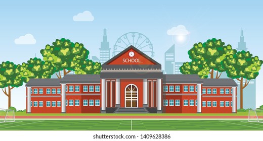 Modern school with football field in front of the school building. Vector illustration.