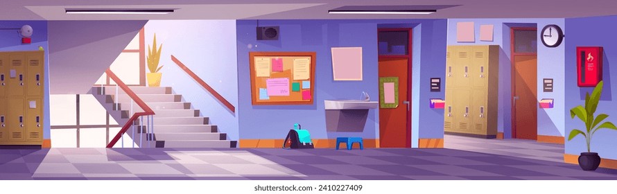 Modern school hall with lockers. Vector cartoon illustration of large corridor with green plants, information board on wall, drinking water fountain, metal cabinets, classroom doors, sunlit staircase