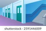 Modern school hall. Vector cartoon illustration of large corridor with metal cabinets, classroom doors, sunlit staircase. School corridor interior cartoon background. College hallway vector