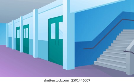 Modern school hall. Vector cartoon illustration of large corridor with metal cabinets, classroom doors, sunlit staircase. School corridor interior cartoon background. College hallway vector