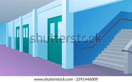 Modern school hall. Vector cartoon illustration of large corridor with metal cabinets, classroom doors, sunlit staircase. School corridor interior cartoon background. College hallway vector