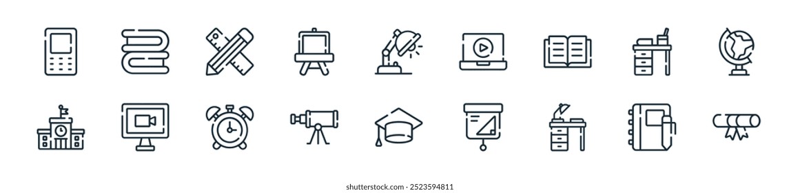 Perfecto para diseños de interfaz de usuario lineal con diploma de Vector, cuaderno, escritorio, presentación, sombrero de graduación, telescopio, alarma y más iconos para App móviles y de Web.