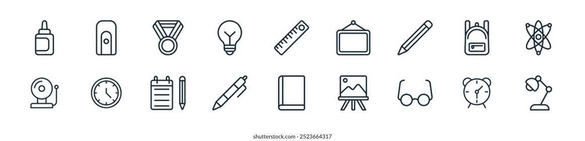 Perfecto para diseños lineales de UI con lámpara de escritorio de Vector, reloj, anteojos, tablero de arte, libro, bolígrafo, libro de notas y más iconos para App móviles y de Web.