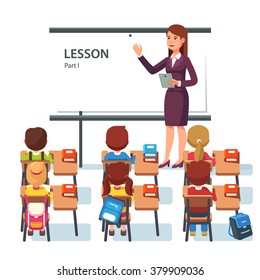 Modern school lesson. Little students and teacher. Classroom with whiteboard, pupils tables and chairs. Modern flat style vector illustration isolated on white background.