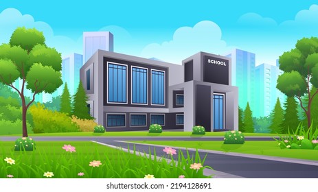 Modern School on the side of the street with green lawn, bush and trees vector illustration