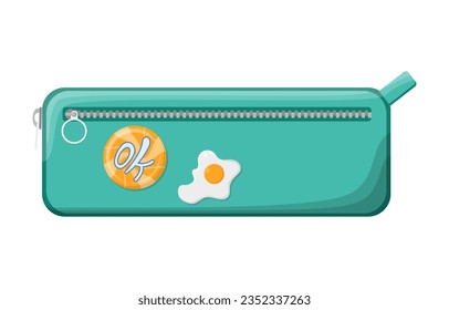 Modern school pencil case with pin badges. Back to school and education concept. Kids pencil box isolated on white background. Design for banner, poster, social media, marketing, study promotion ad