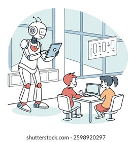 A modern school setting where a robot tutor is helping students learn coding on tablets, surrounded by floating algorithm symbols and binary code.