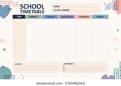 Modern school timetable design for school students.