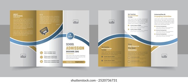 Design de brochura de escola moderna com três dobras, brochura de academia infantil com três dobras. Design de brochura de três dobras da escola, Crianças de volta à escola admissão modelo de brochura de três dobras