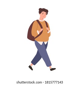 Modern schoolboy with backpack go to elementary school vector flat illustration. Cheerful male pupil or student smiling isolated on white. Happy boy walking wearing trendy outfit