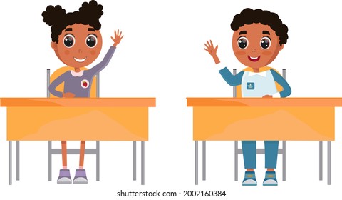 Escolar moderno en un escritorio, gran diseño para cualquier propósito. Fondo blanco. Ilustración de dibujos animados. 