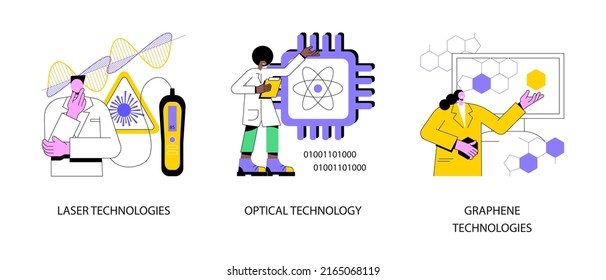 Modern science abstract concept vector illustration set. Laser and optical technology, graphene nanomaterial, innovative instruments, high-frequency sensor, quantum computing abstract metaphor.