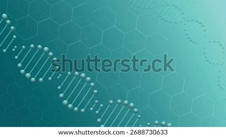 Modern science background featuring DNA helix and hexagonal molecular pattern in teal tones. Perfect for genetics, research, healthcare, and biotechnology concept designs.
