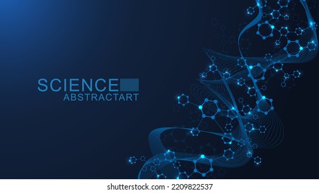 Modern science background with lines, dots and hexagons. Wave flow abstract background. Molecular structure for medical, technology, chemistry, science. Vector illustration