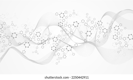 Antecedentes científicos modernos con líneas, puntos y hexágonos. Fondo abstracto de flujo de onda. Estructura molecular para medicina, tecnología, química, ciencia. Ilustración del vector