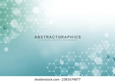 Moderner wissenschaftlicher Hintergrund mit Linien, Punkten und Hexagonen. Wellenfluss abstrakter Hintergrund. Molekulare Struktur für Medizin, Technologie, Chemie, Wissenschaft. Vektorgrafik