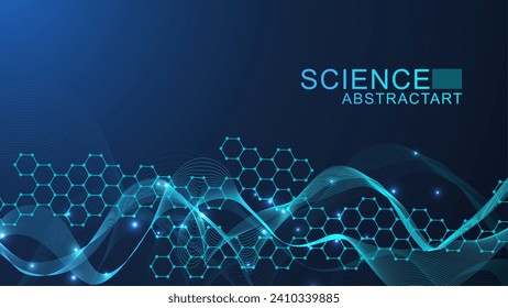 Modern science background with lines, dots and hexagons. Wave flow abstract background. Molecular structure for medical, technology, chemistry, science. Vector illustration.