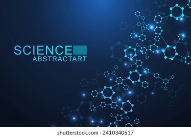 Modern science background with lines, dots and hexagons. Wave flow abstract background. Molecular structure for medical, technology, chemistry, science. Vector illustration.