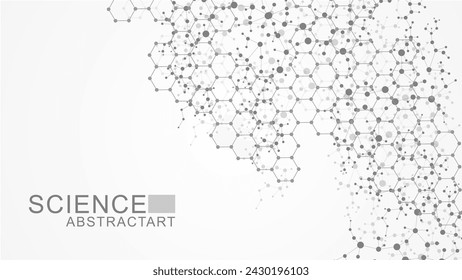 Fondo de ciencia moderna con líneas, puntos y hexágonos. Fondo abstracto de flujo de onda. Estructura molecular para medicina, tecnología, química, ciencia. Ilustración de vector