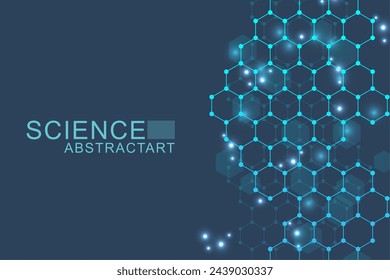 Modern science background with lines, dots and hexagons. Wave flow abstract background. Molecular structure for medical, technology, chemistry, science. Vector illustration