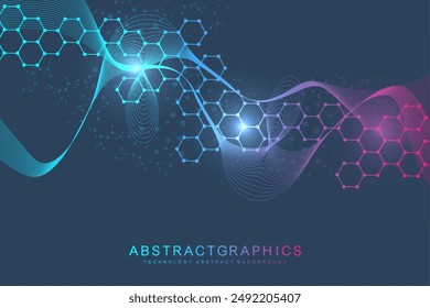 Modern science background with lines, dots and hexagons. Wave flow abstract background. Molecular structure for medical, technology, chemistry, science. Vector illustration