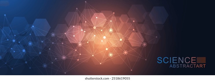 Fondo de ciencia moderna con líneas, puntos y hexágonos. Fondo abstracto de flujo de onda. Estructura molecular para medicina, tecnología, química, ciencia. Ilustración vectorial