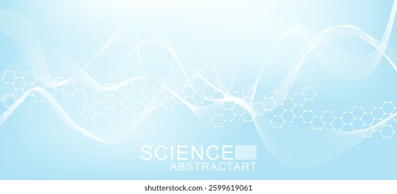 Modern science background with lines, dots and hexagons. Wave flow abstract background. Molecular structure for medical, technology, chemistry, science. Vector illustration