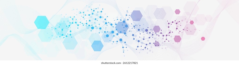 Modern science background with lines, dots and hexagons. Wave flow abstract background. Molecular structure for medical, technology, chemistry, science. Vector illustration