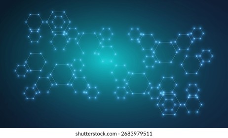 Fundo moderno da ciência com linhas, pontos e hexágonos. Plano de fundo abstrato do fluxo de ondas. Estrutura molecular para medicina, tecnologia, química, ciência. Ilustração vetorial