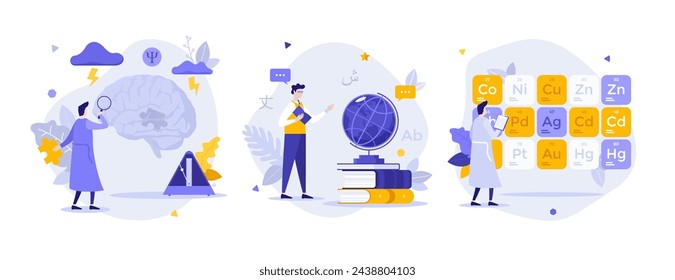 Modern science branches flat concept vector illustrations set. Neuroscience, school teaching and chemistry cartoon composition. Cognition methods creative idea for website, presentation