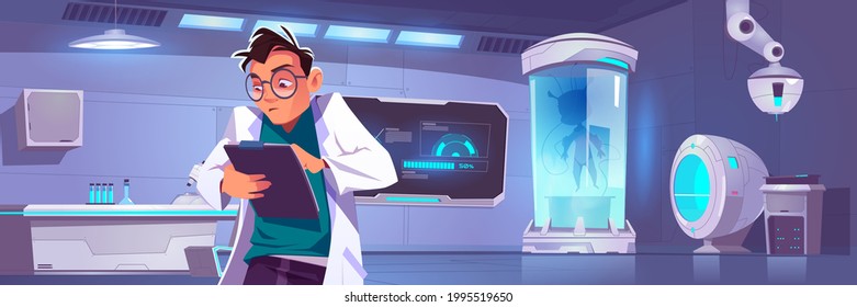 Modern science laboratory with equipment for medicine and biotechnology research. Vector cartoon interior of futuristic lab with alien in cryogenic capsule, screen, microscope and scientist svg