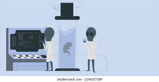 Modern science laboratory with equipment for medicine and biotechnology research. Vector cartoon interior of futuristic lab with alien in cryogenic capsule, screen, microscope and scientist