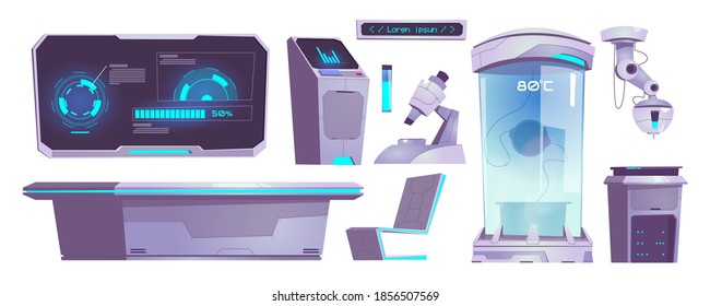 Modern science laboratory equipment, microscope, chemical tube, computer and table isolated on white background. Vector cartoon set of technology icons of scientific lab for test and analysis