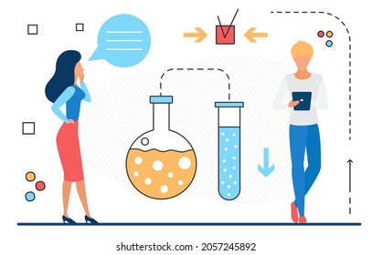 Modern science laboratory research technology concept vector illustration. Cartoon lab test tube, experiment symbol and scientist people teamwork isolated on white