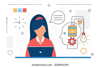 Modern science physics research technology concept vector illustration. Cartoon experiment symbols and scientist woman isolated on white