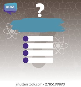 Modern science quiz template design with question mark, multiple choice answer options, and abstract atomic symbols on textured background. Perfect for education, online exams, school quizzes, trivia games, learning presentations, and social media posts.