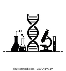 Modern science research lab tools and DNA illustration